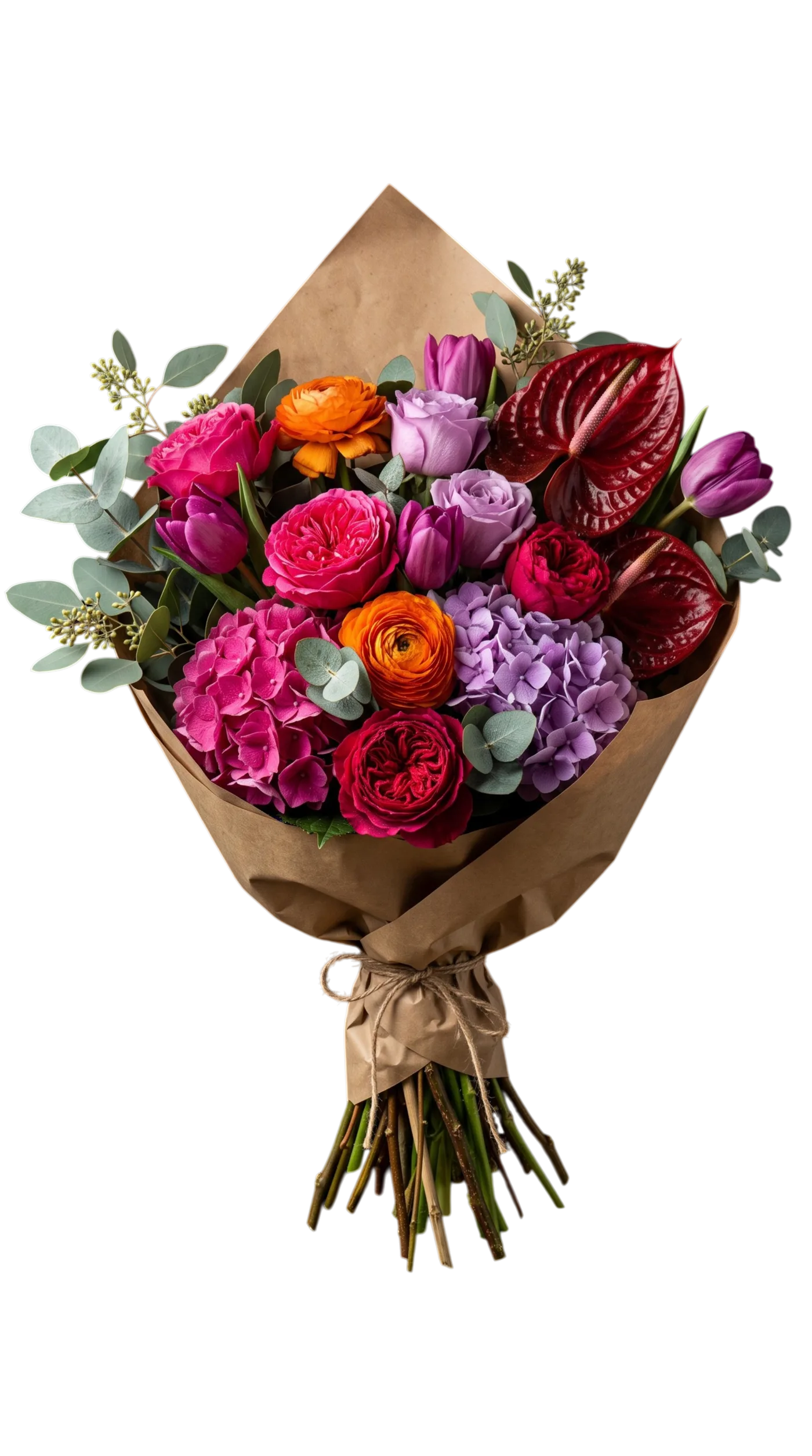 Bouquet de autor BLOOMAN — hortensia, anturio, tulipán, ranúnculo y rosa inglesa